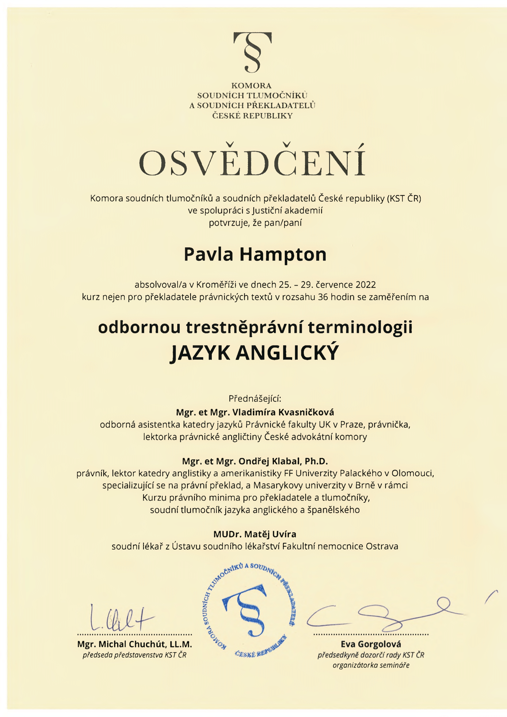 TP školení 2022 Pavla Hampton