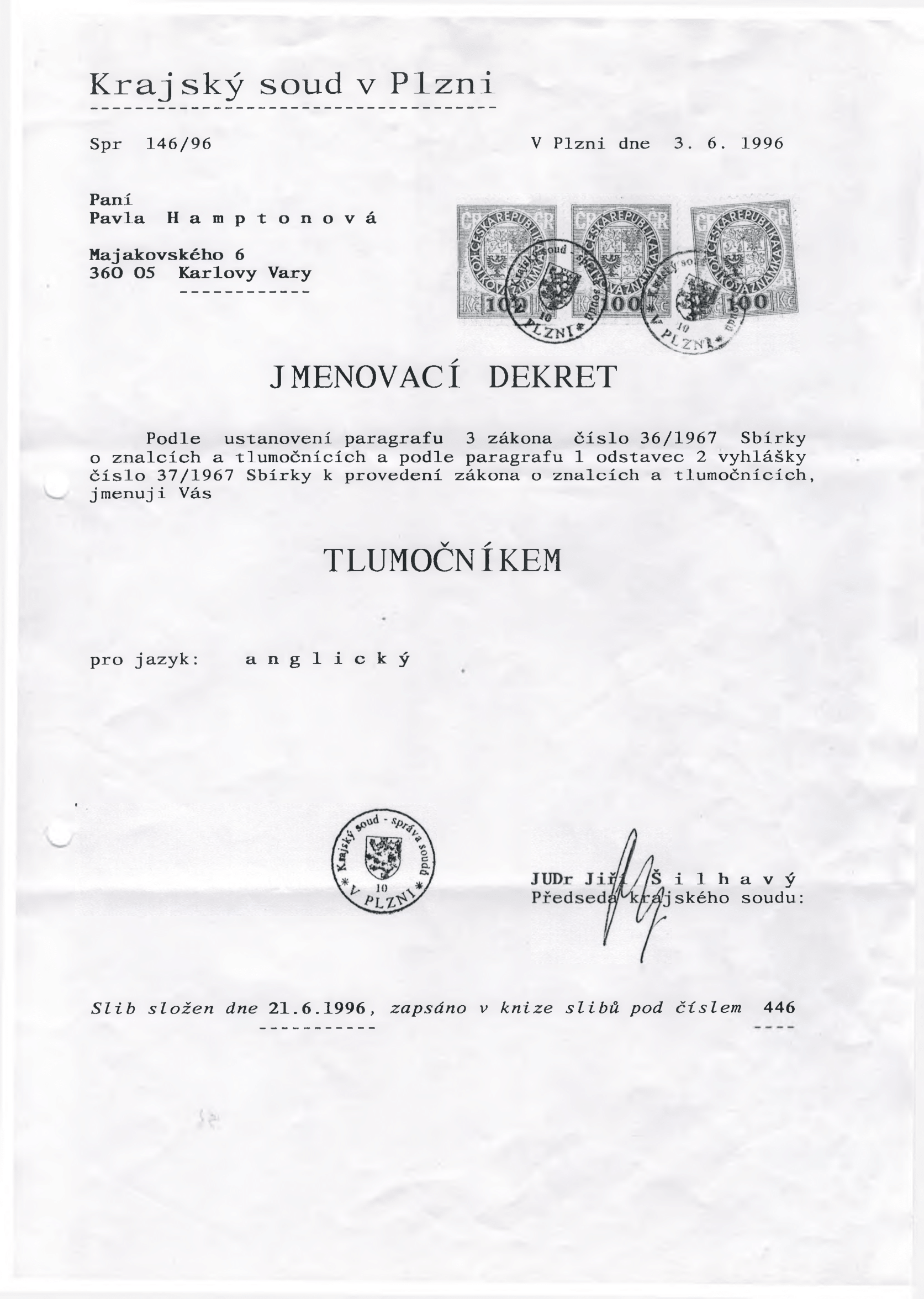 Jmenovací Dekret Pavla Hampton