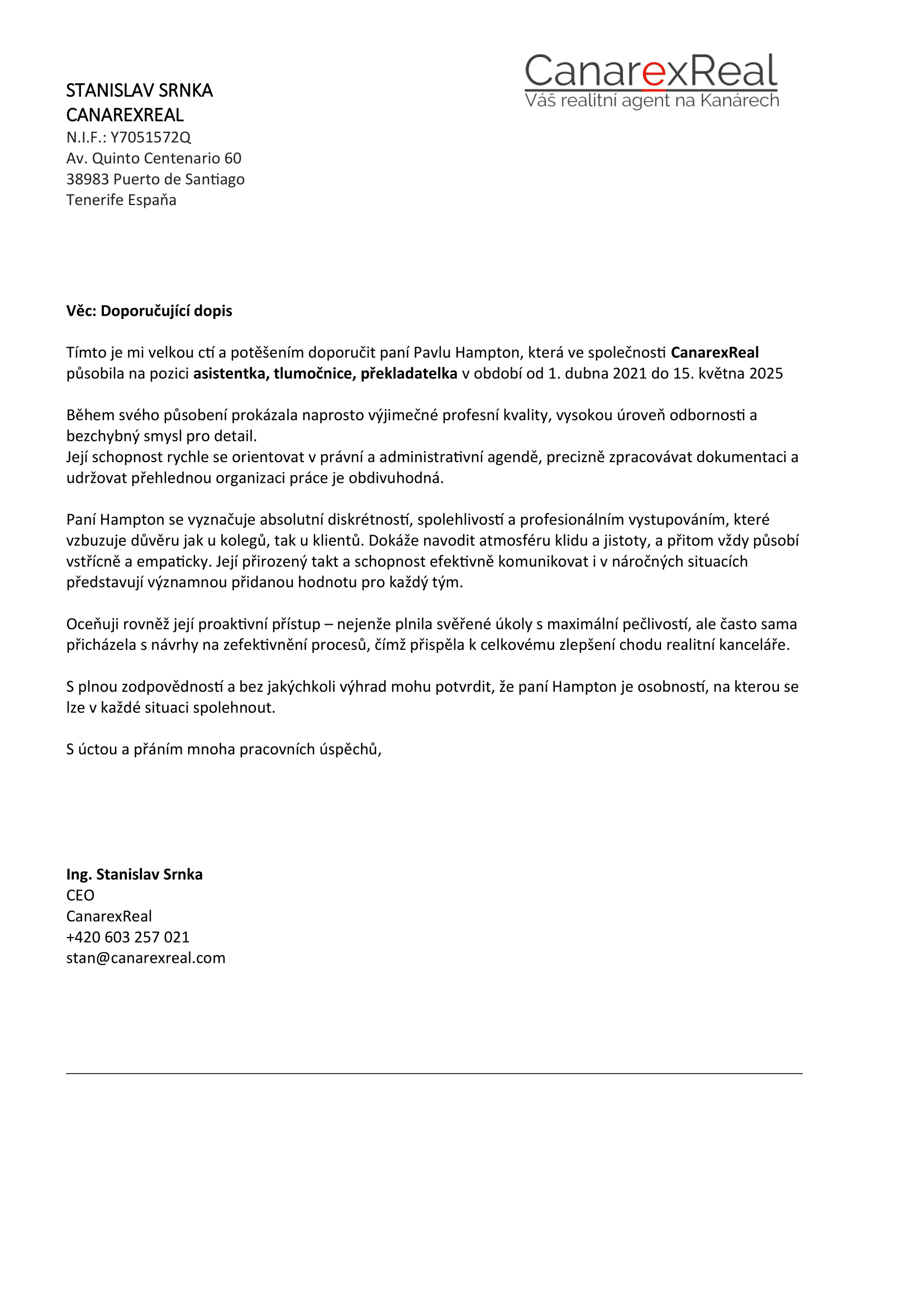 Doporučující dopis CanarexReal