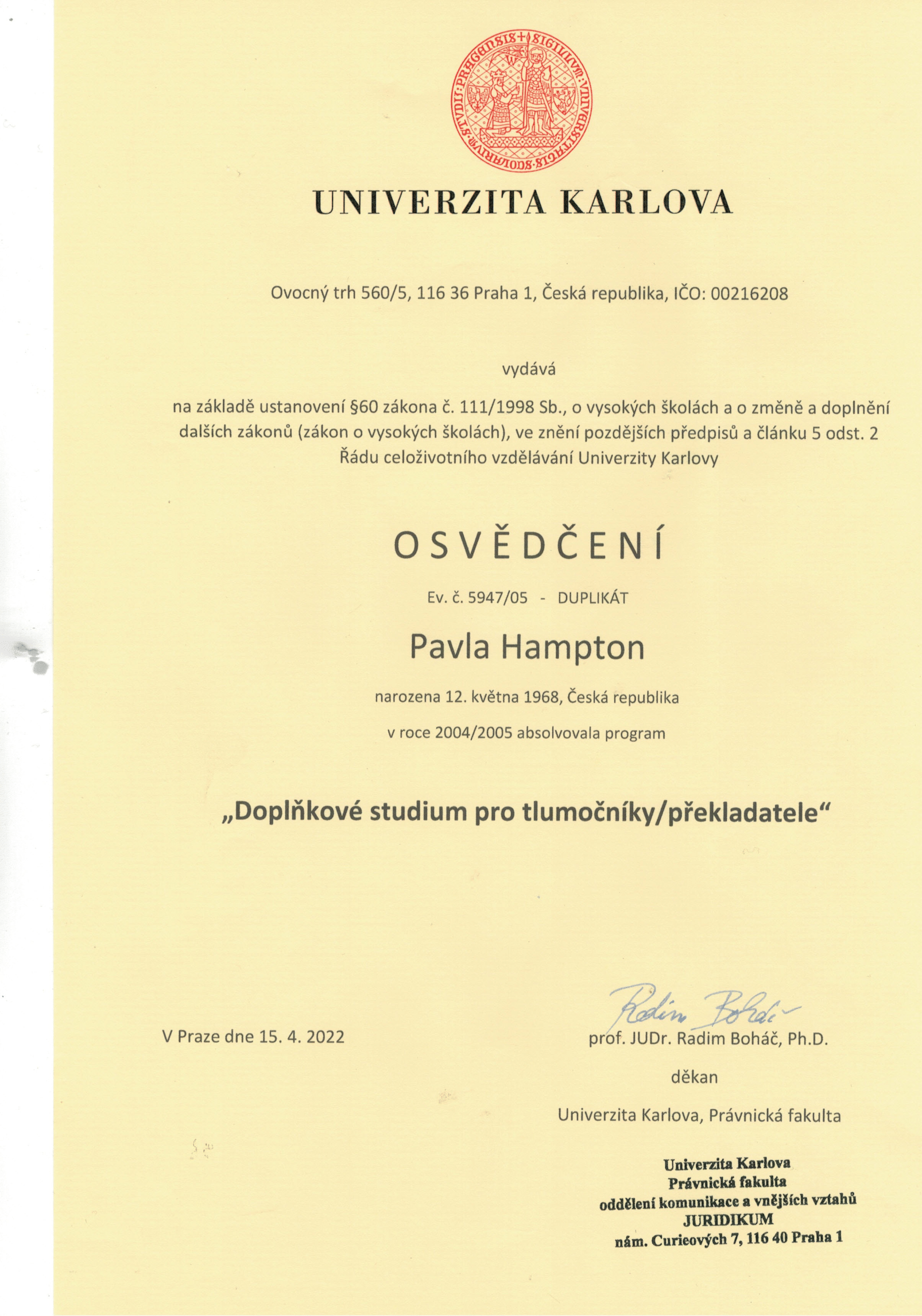 Juridikum Certifikát Pavla Hampton